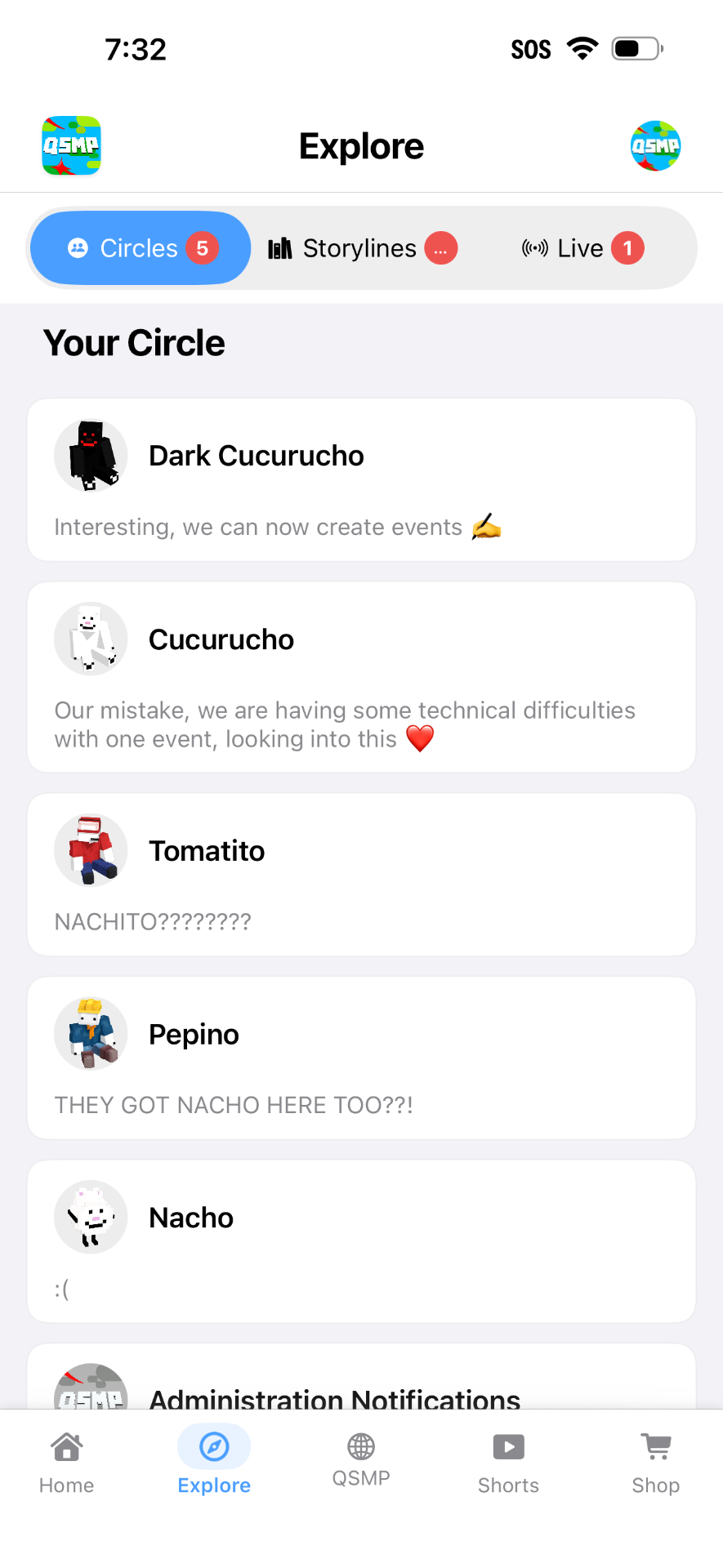 Your Circle list of creator chats