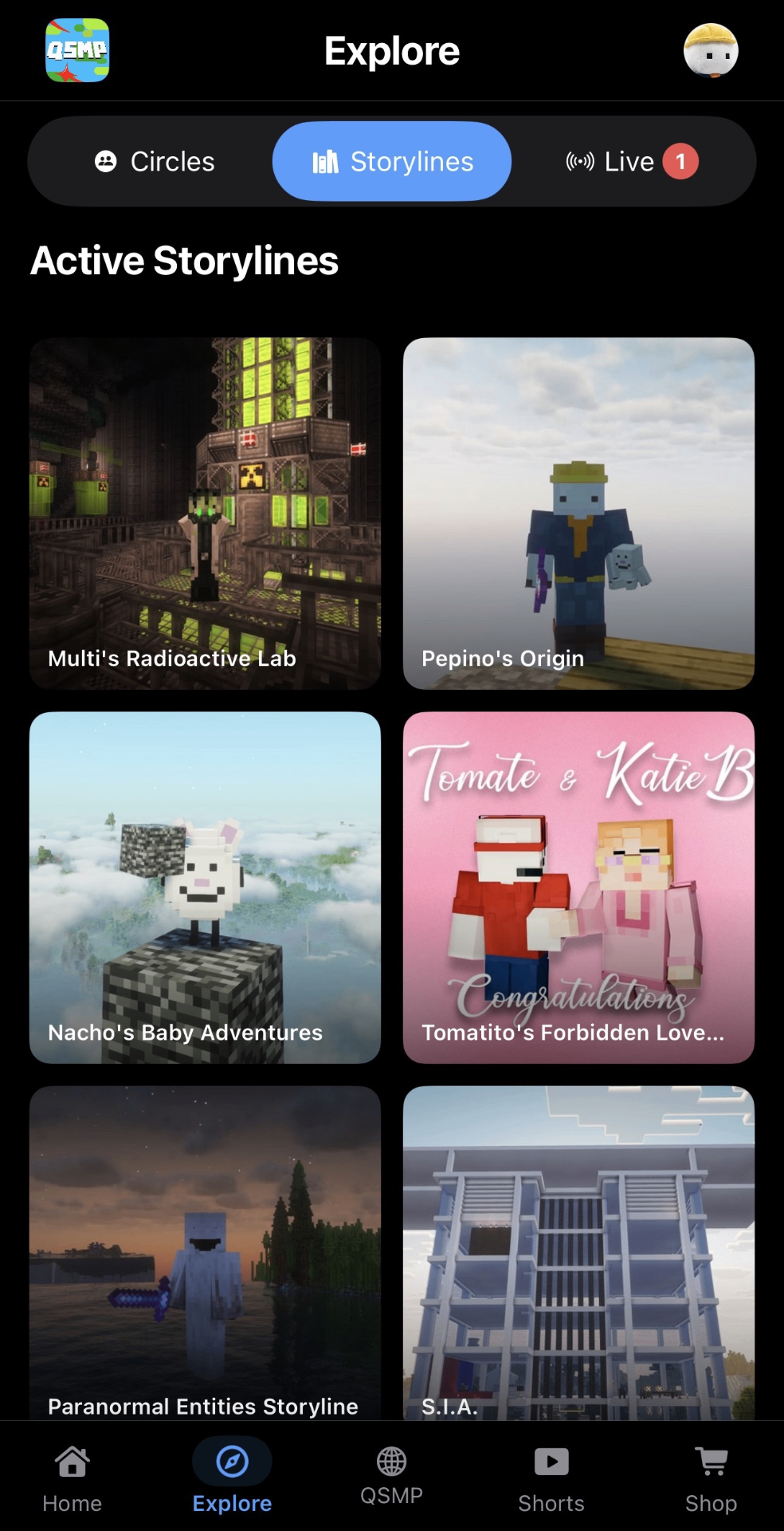 QSMP App storylines screen with active arcs.