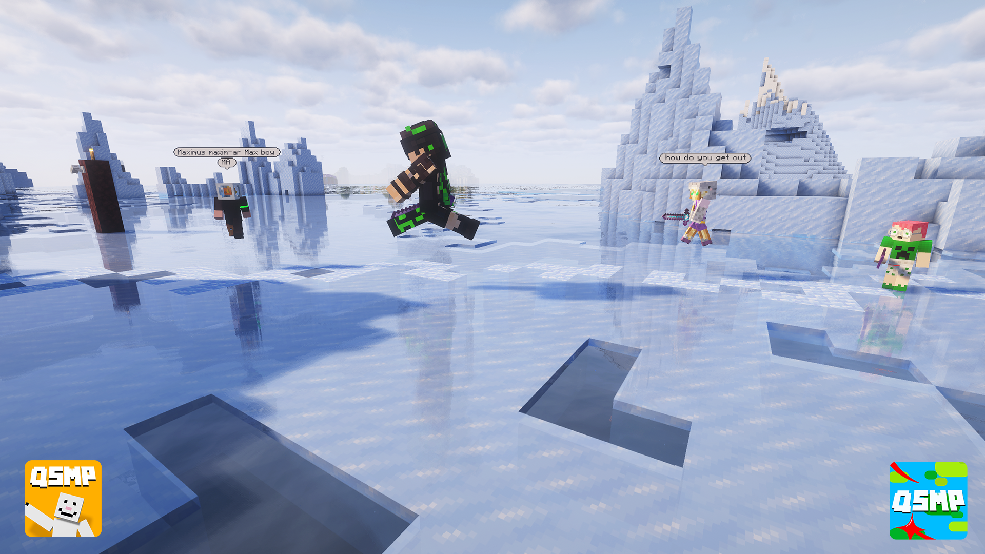 QSMP players running across a frozen landscape.