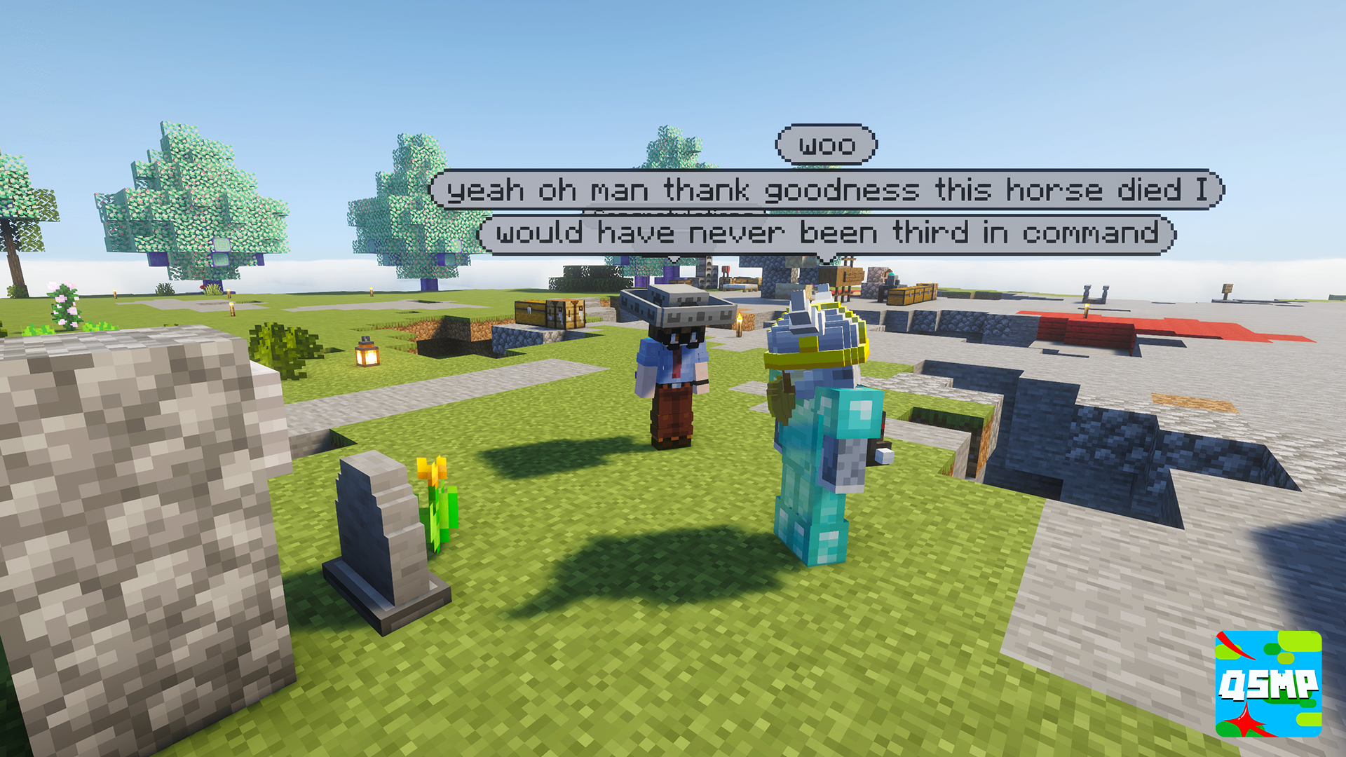 QSMP characters standing together in a bright open area.