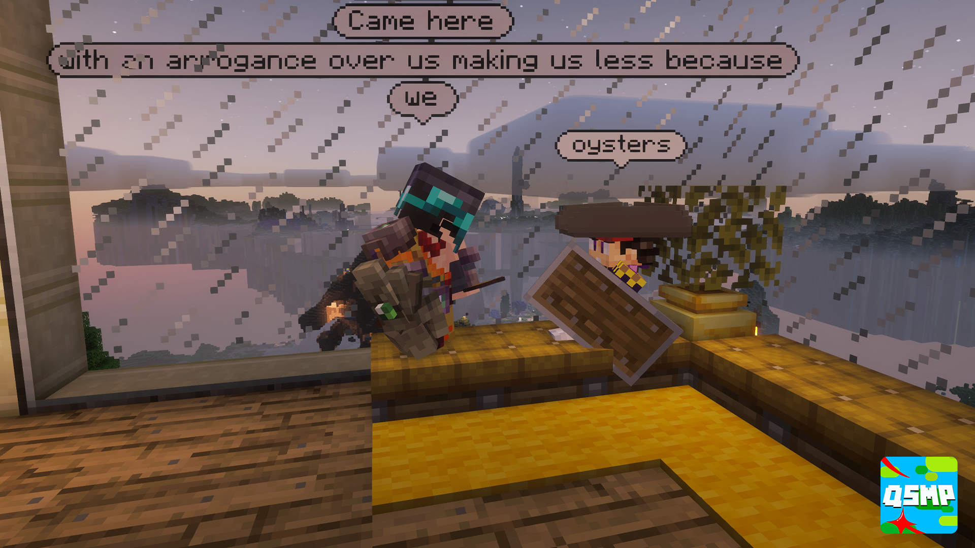 QSMP characters talking by a large glass wall overlooking the world.