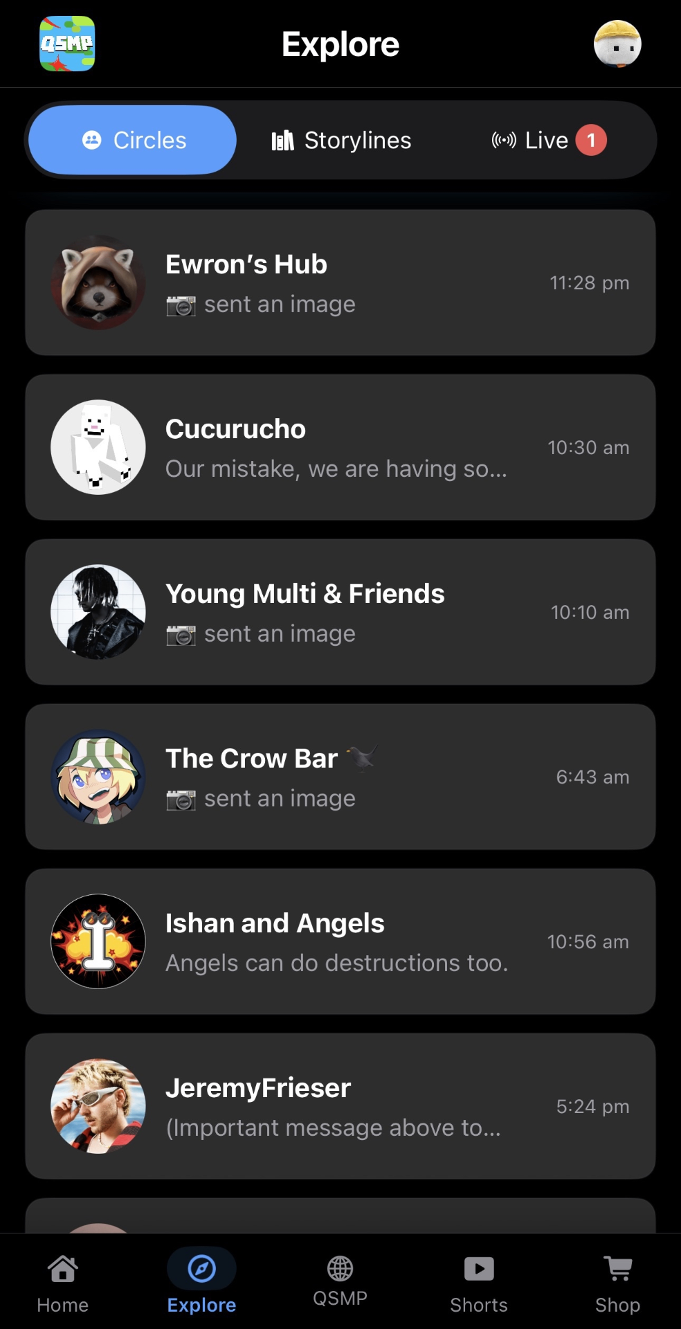 QSMP App circles screen with character chats.