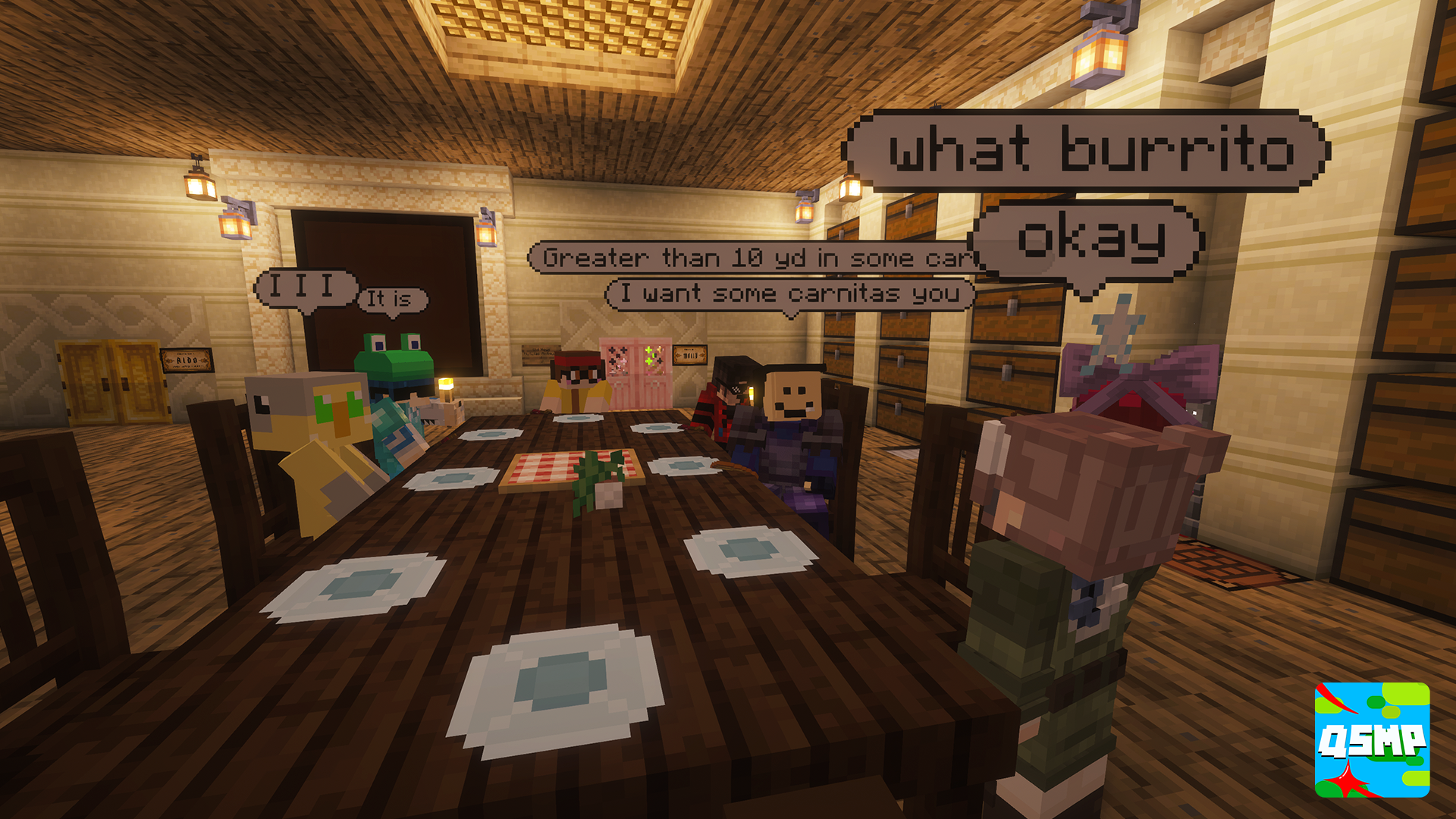 QSMP characters gathered around a table in a warm wooden room.