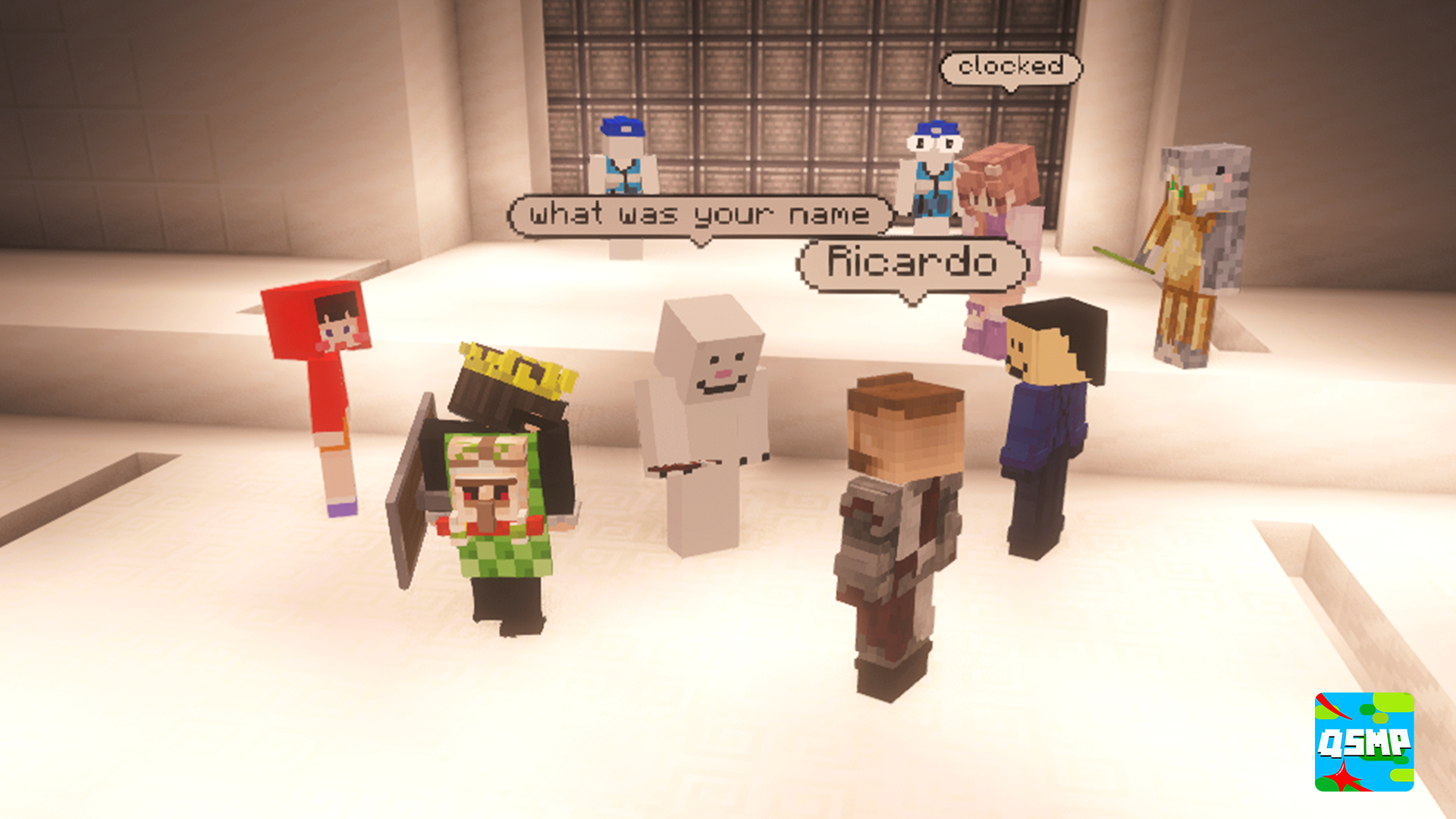 QSMP characters in a bright interior scene during a dramatic exchange.